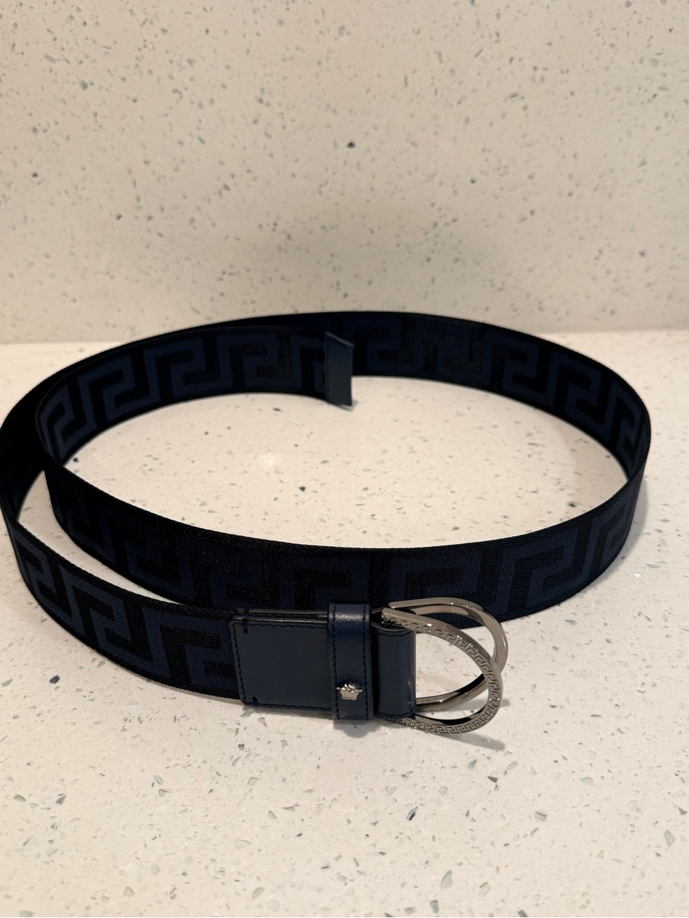 Authentic Versace Dark Blue 'La Greca' Jacquard D-Ring Belt View 5
